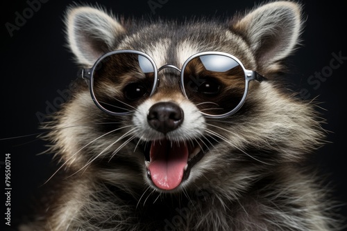 Adorable raccoon wearing reflective sunglasses with an open mouth on a black background.