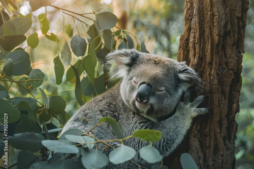 A koala clings sleepily to the trunk of a eucalyptus tree. photo