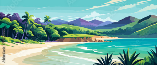 Tropical Sea beach background, landscape with sand beach, sea water edge, green hills and palm trees. Colorful vector art illustration, banner, wallpaper