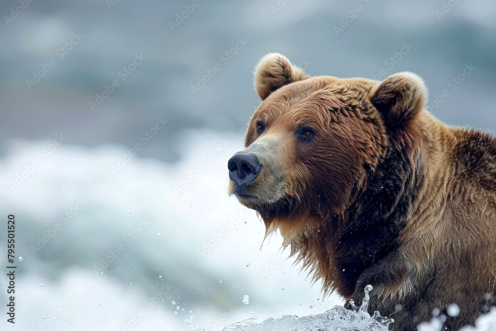 A grizzly bear fishes for salmon in a rushing river. A grizzly bear fishes for salmon in a rushing river.