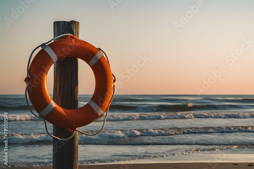 Peaceful beach scene at sunset with orange lifebuoy, wooden post, waves, and colorful sky