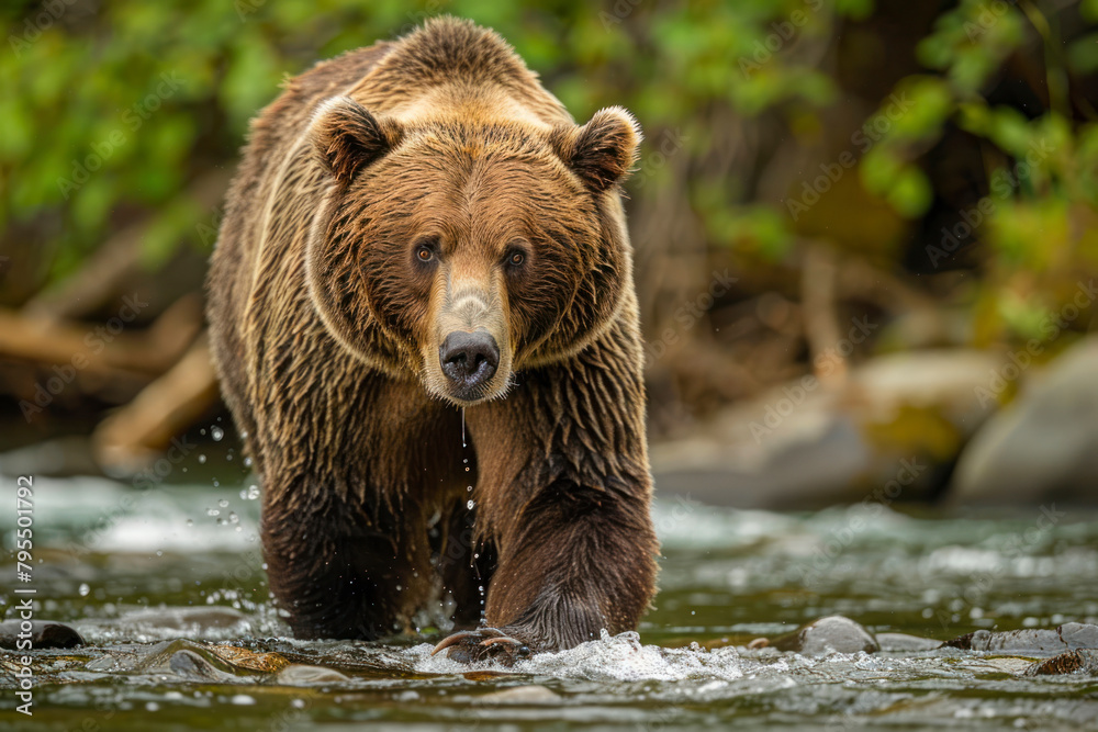 A grizzly bear fishes for salmon in a rushing river. A grizzly bear fishes for salmon in a rushing river.