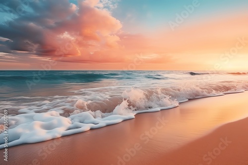 Serene beach at sunset, soft sand, calm waves, and a beautiful gradient sky, perfect for tranquil scenes