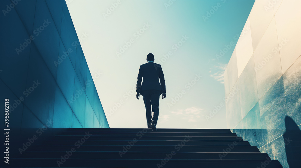 A striking silhouette of a man ascending stairs symbolizes progress, hope, and aspiration against a clear and inspirational sky A striking silhouette of a man ascending stairs symbolizes progress, hope, and aspiration against a clear and inspirational sky