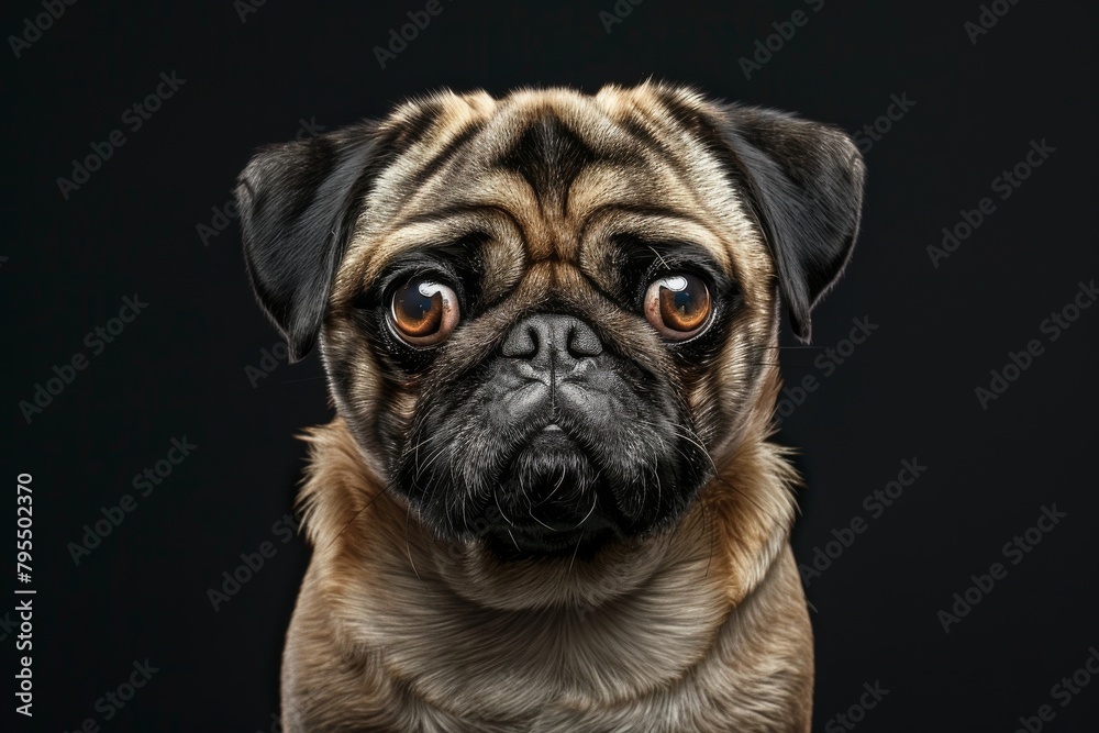 Cute pug with wrinkled face and expressive eyes, adding charm to any composition
