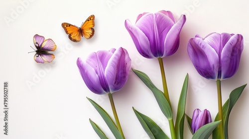 Elegance in Simplicity  Purple Tulips and Butterfly on White Background