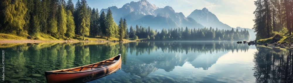 Reflection of mountains in a crystalclear lake, canoe passing by, tranquil morning, reflective and calm, symmetrical photography, avoid disrupting the water