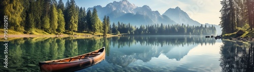Reflection of mountains in a crystalclear lake, canoe passing by, tranquil morning, reflective and calm, symmetrical photography, avoid disrupting the water