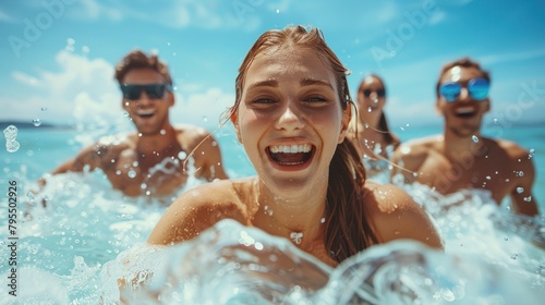 Energetic moment of friends splashing water at the camera with excitement and joy in an ocean setting