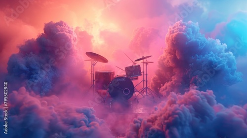 Dreamy Drum Set Amidst Ethereal Clouds in Vibrant Pink and Blue Hues photo