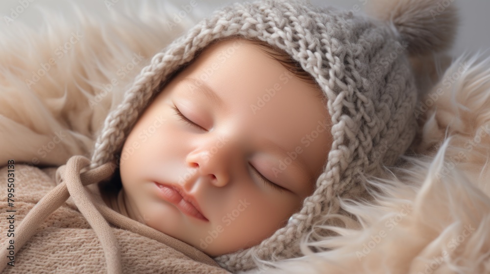 Serene Newborn Baby Sleeping Peacefully in Knitted Hat Serene Newborn Baby Sleeping Peacefully in Knitted Hat