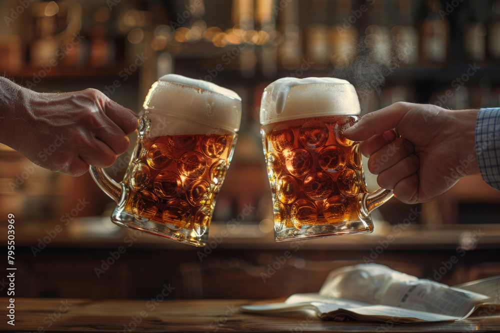 Glasses of beer in hand. Beer glasses clinking at outdoor bar or pub. Generative AI Glasses of beer in hand. Beer glasses clinking at outdoor bar or pub. Generative AI