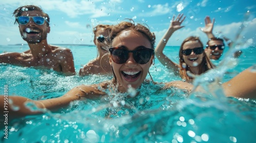 Ecstatic group of friends with sunglasses splashing water in the ocean under a sunny sky