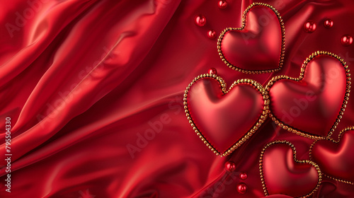 
Happy Mothers Day. Red velvet heart shapes with golden beads on red fabric background. Vector holiday illustration. Mother day festive event banner. Poster design. Realistic 3d decoration