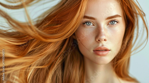 Portrait of a beautiful woman with red long hair flying in the wind, smooth and shiny 