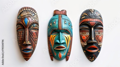 Three masks with different colors and designs. The masks are hanging on a white wall. Scene is artistic and colorful