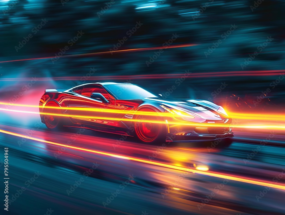 Highspeed capture of a sports car in motion, transformed into a streak of red and yellow lights along a dark highway, emphasizing speed and movement