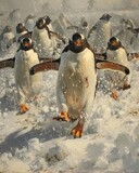 Panoramic view of a group of penguins waddling rapidly across icy terrain, playful and energetic movement