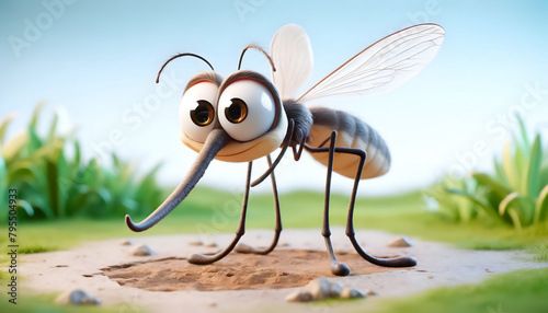 Playful 3D Cartoon Mosquito: Exaggerated Features, Funny Mosquito Cartoon Character: 3D Illustration, Humorous 3D Mosquito Illustration: Playful Cartoon