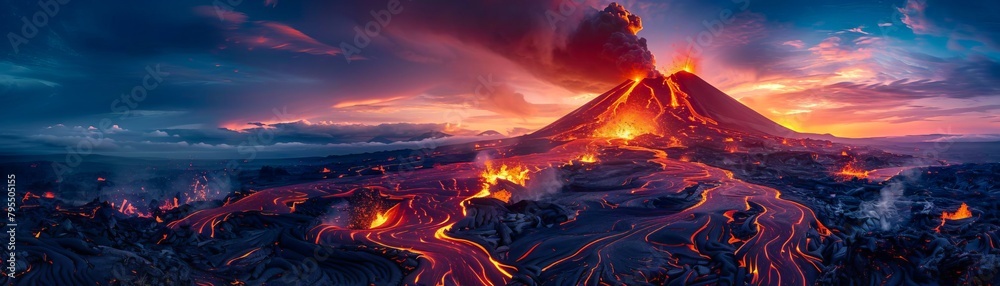 Majestic photo of a volcano erupting at sunset, vibrant lava flows contrasting sharply against a darkening sky