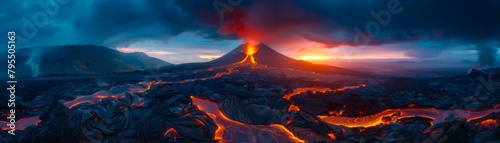 Majestic photo of a volcano erupting at sunset, vibrant lava flows contrasting sharply against a darkening sky photo