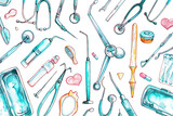 Minimalistic watercolor illustration of surgical instruments on a white background, cute and comical