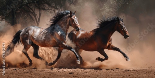 Horses with long mane portrait runing together gallop in desert dust
