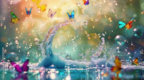 Against a soft blue background, colorful butterflies flutter gracefully above the surface of the water, their delicate wings creating ripples as they touch down.