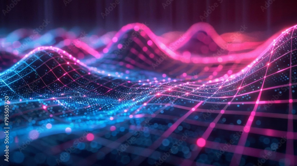 A glowing blue and pink landscape with a grid structure.