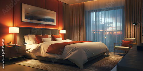 Modern hotel room with red colour walls interior design with beautiful background photo