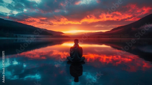 A man sitting on a lake during a sunset © Pairat