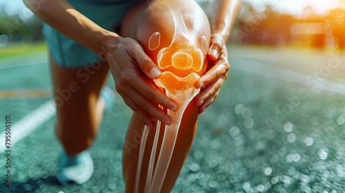 Blue-tinted 3D X-ray image showcasing the anatomy of a human knee joint, revealing medical details related to pain, injury, arthritis, and overall bone health