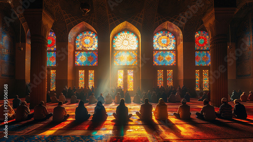 1. Morning Prayer: A congregation of worshippers gathers in an ornate mosque, bowing their heads in prayer as the soft light of dawn filters through stained glass windows, casting photo