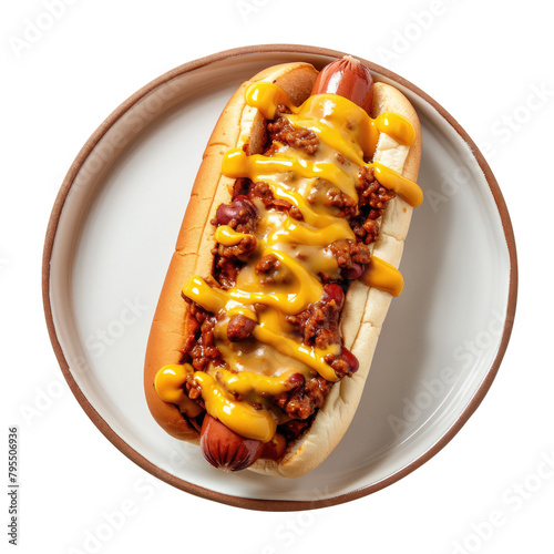 Delicious Plate of Hotdog with Chili and Cheese Isolated on a Transparent Background 