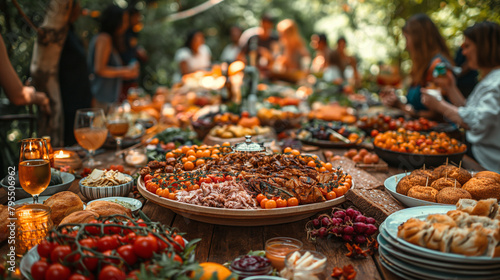 7. Community Feast: Tables stretch as far as the eye can see, laden with an abundance of delectable dishes, as members of the community come together to share in a festive feast, t