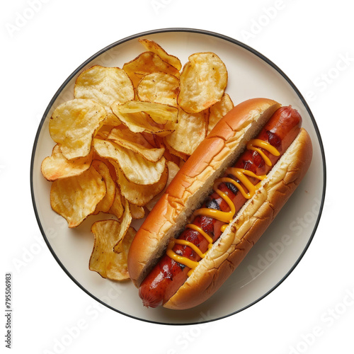 Delicious Plate of Hotdog with Mustard and Potato Chips Isolated on a Transparent Background 