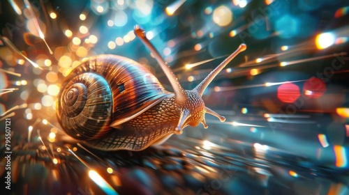 A snail with a shiny shell is crawling very fast, leaving a trail of glowing sparks.