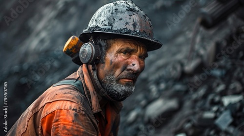 Dirty miner with helmet working in a coal mine in high resolution and high quality. work concept