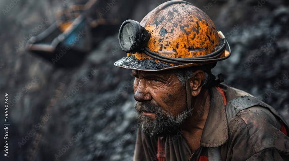 Fototapeta premium Dirty miner with helmet working in a coal mine in high resolution and high quality. concept of work, labor