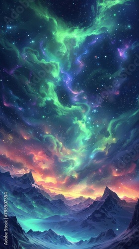 An ethereal landscape of mountains and a starry night sky with vibrant glowing clouds in shades of green, blue, and pink.