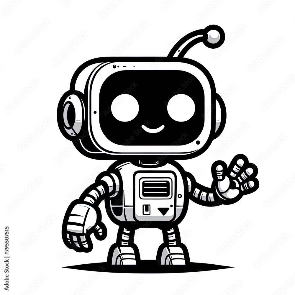 Ein schwarz weiß Vektor Bild eines kleinen süßen Roboters