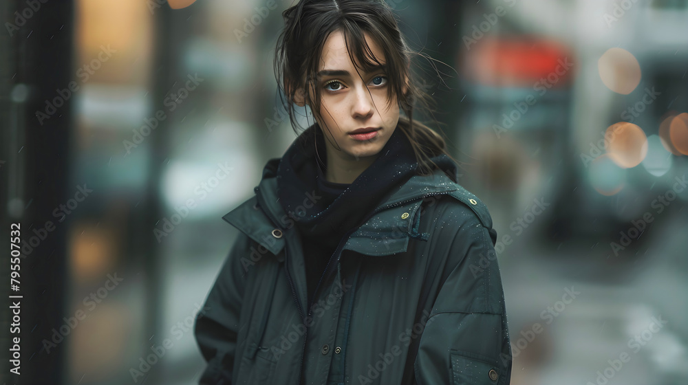 Woman in Black Coat on Street. Generative AI
