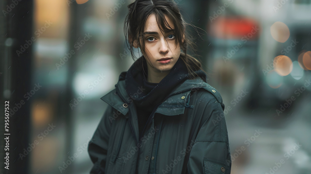 Woman in Black Coat on Street. Generative AI Woman in Black Coat on Street. Generative AI