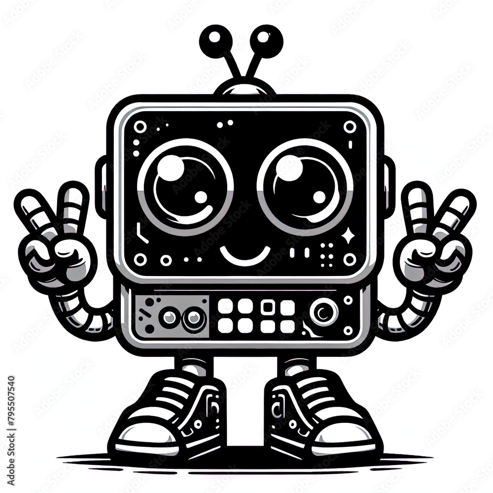 Fototapeta premium Ein schwarz weiß Vektor Bild eines kleinen süßen Roboters