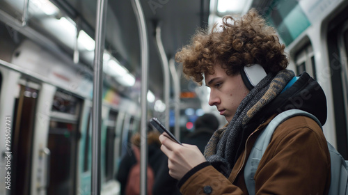 Homem usando o celular dentro do transporte publico