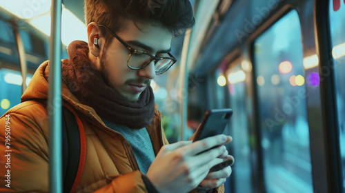 Homem usando o celular dentro do transporte publico