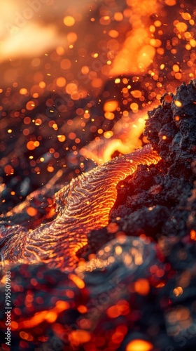 Lava from a volcano flows slowly over rocks.