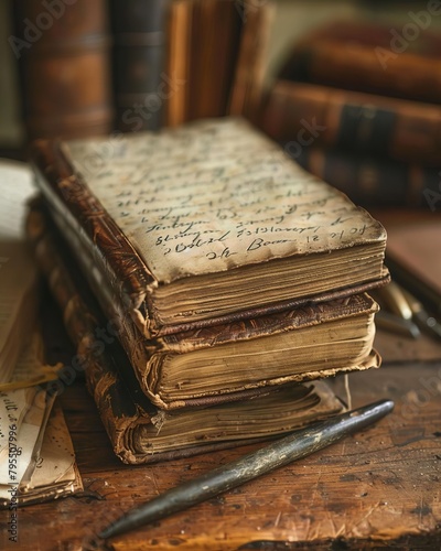 leather-bound books stacked on a wooden table