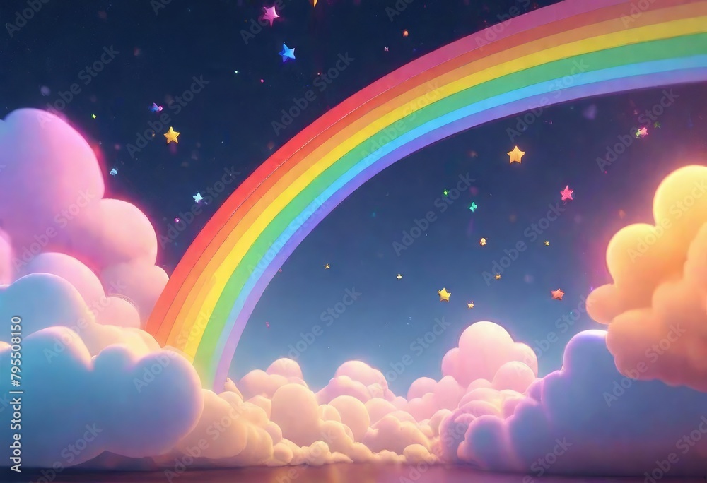 3d rendered cartoon rainbow, clouds, and stars sky at night. 