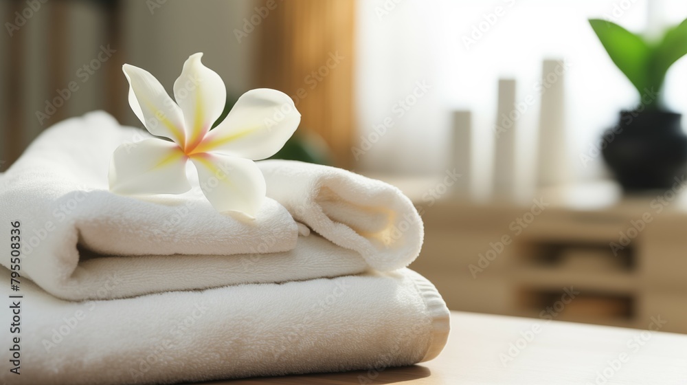 A white plumeria flower resting on a stack of white towels on a wooden surface A white plumeria flower resting on a stack of white towels on a wooden surface